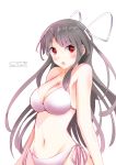  1girl absurdres bikini black_hair blush breasts hair_ribbon highres hiyou_(kantai_collection) kantai_collection long_hair open_mouth red_eyes ribbon simple_background solo swimsuit tbd11 white_background 