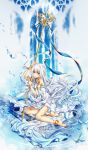 1girl absurdres anklet bare_shoulders barefoot blue_eyes dress highres jewelry kingchenxi legs long_hair ripples sitting solo staff tagme very_long_hair water white_hair 