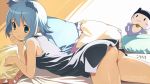  1girl animal_ears artist_request ass blue_eyes blue_hair cat_ears chin_rest dress end_card frills koutaro light_smile looking_to_the_side lying nanami_ao no_panties on_bed on_stomach pillow short_hair solo stuffed_toy tagme yozakura_quartet 