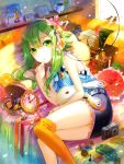  1girl album_(object) bare_shoulders bed belt book camera clock coffee coffee_mug denim denim_shorts fuumi_(radial_engine) green_eyes green_hair gumi hair_ornament hairclip hand_mirror kneehighs lace-trimmed_shirt looking_at_viewer lying mirror nail_polish_bottle payot pillow short_hair shorts single_kneehigh solo vocaloid 