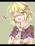  1girl akagashi_hagane bespectacled blonde_hair glasses green_background looking_at_viewer mizuhashi_parsee one_eye_closed open_mouth pointy_ears red-framed_glasses scarf shirt short_hair short_sleeves simple_background solo touhou wrist_cuffs 