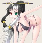  1girl asamura_hiori black_hair breasts character_request gradient_hair green_eyes heterochromia horn long_hair looking_at_viewer multicolored_hair phantasy_star phantasy_star_online_2 red_eyes simple_background smile solo sukuna_hime white_hair 