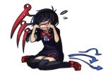  &gt;_&lt; 1girl :d asymmetrical_wings black_dress black_legwear bow crying dress flying_teardrops houjuu_nue ichiba_youichi injury on_ground open_mouth pain short_sleeves simple_background sitting smile solo thigh-highs touhou white_background wings xd zettai_ryouiki 