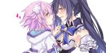  2girls bare_shoulders black_hair blush breasts choker choujigen_game_neptune cropped_jacket detached_collar detached_sleeves hair_ornament hand_on_another&#039;s_shoulder hatyo heart hoodie long_hair multiple_girls neptune_(choujigen_game_neptune) noire open_mouth purple_hair red_eyes short_hair twintails very_long_hair violet_eyes yuri 