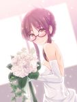  1girl akizuki_ritsuko bare_shoulders blush bouquet breasts bride brown_eyes brown_hair dress elbow_gloves flower folded_ponytail glasses gloves highres idolmaster looking_at_viewer revision shuuichi smile solo wedding_dress white_gloves 