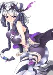 1girl arm_support bangs bare_shoulders bat_wings black_wings blunt_bangs blush braid breast_hold breasts cat_hair_ornament double_bun hair_bun hair_ornament haku_(p&amp;d) highres knees_together_feet_together knees_touching large_breasts long_hair low_wings multicolored_hair payot purple_hair purple_ribbon puzzle_&amp;_dragons ribbon silver_hair simple_background sitting sleeveless solo tail tail_ornament tail_ribbon thigh-highs tiger_tail twin_braids twintails two-tone_hair violet_eyes white_background white_legwear white_ribbon winged_hair_ornament wings yaosera yin_yang 