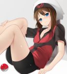  1girl against_wall bike_shorts blue_eyes blush brown_hair cosplay hat jacket looking_at_viewer odamaki_sapphire poke_ball pokemon pokemon_special ratsuku_kinoko ruby_(pokemon) ruby_(pokemon)_(cosplay) shiny shiny_skin sitting solo two_side_up 