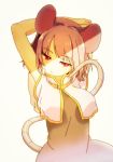 1girl animal_ears arms_behind_head bangs bare_arms capelet dress expressionless flat_gaze grey_dress grey_hair light looking_at_viewer mouse_ears mouse_tail nazrin pose red_eyes short_hair tail tail_raised tojo_(strit2p) touhou