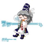  1girl byourou chibi dated fang hat japanese_clothes kariginu long_hair mononobe_no_futo nose_bubble open_mouth ponytail ribbon silver_hair skirt sleeping smile solo tate_eboshi touhou yawning 