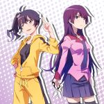  2girls araragi_karen bakemonogatari black_hair blue_eyes brown_eyes collarbone hair_ornament hairclip hoodie long_hair monogatari_(series) multiple_girls necktie nisemonogatari purple_hair school_uniform scissors senjougahara_hitagi shaft side_ponytail skirt thigh-highs yoplait zettai_ryouiki 