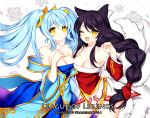  2014 2girls ;d ahri animal_ears artist_name bare_shoulders black_hair blue_hair breasts cleavage copyright_name fox_ears fox_tail league_of_legends long_hair looking_at_viewer multiple_girls multiple_tails one_eye_closed opalheart open_mouth smile sona_buvelle tail twintails yellow_eyes 