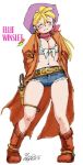  1girl ^_^ blonde_hair blush boots breasts cleavage closed_eyes cowboy_boots cowboy_hat cutoffs denim denim_shorts ellie_winslet hands_in_pockets hat large_breasts long_coat long_hair midriff navel original pigeon-toed shorts smile solo tied_shirt western yabataso 