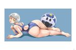  1girl ass ball beachball blue_background border elizabeth_(persona) highres jack_frost legs looking_at_viewer lying one-piece_swimsuit persona persona_3 samidare_satsuki short_hair silver_hair solo swimsuit yellow_eyes 