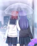  2girls amami_haruka from_behind idolmaster kisaragi_chihaya long_hair multiple_girls rain school_uniform serafuku shared_umbrella short_hair shuuichi skirt umbrella 