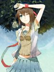  1girl :&lt; absurdres brown_hair casual faux_traditional_media green_eyes hair_ornament hair_ribbon hand_up highres leaf one_eye_closed original pleated_skirt ribbon sa_(h28085) skirt solo sweat tagme tree wrist_cuffs 
