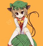 1girl :o animal_ears bow brown_hair cat cat_ears cat_tail chen dress earrings fang hat jewelry long_sleeves looking_at_viewer mary_janes mob_cap red_shoes shoes sitting_on_object tail touhou 