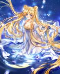  1girl absurdres bare_shoulders bishoujo_senshi_sailor_moon blonde_hair blue_eyes bow breasts cleavage crescent dress facial_mark flower forehead_mark hair_flower hair_ornament hairpin highres kingchenxi long_hair partially_submerged princess_serenity smile solo strapless_dress tsukino_usagi water white_dress 