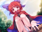  1girl blue_sky blush bow cape clouds hair_bow hand_on_knee long_sleeves lzh outstretched_arm outstretched_hand panties pantyshot pantyshot_(squatting) red_eyes redhead sekibanki shirt skirt sky solo squatting touhou tree underwear upskirt white_panties 
