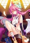  +_+ 1girl absurdres angel_wings asymmetrical_legwear boy30422 breasts feathered_wings gloves highres jibril_(no_game_no_life) long_hair looking_at_viewer low_wings magic_circle midriff no_game_no_life pink_hair smile solo thigh-highs white_wings wings yellow_eyes 