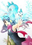  armpits blue_eyes blue_hair blush hat hikari_(pokemon) long_hair open_mouth pachirisu pokemon scarf 