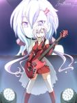  1girl artist_name electric_guitar guitar hair_ornament hairclip hiiragi_natsume instrument long_hair microphone plectrum purple_hair screen senki_zesshou_symphogear smile solo stage_lights thigh-highs violet_eyes yukine_chris zettai_ryouiki 