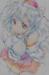  1girl absurdres animal_ears bare_shoulders blush breasts colored_pencil_(medium) detached_sleeves hat highres inubashiri_momiji kitazinger large_breasts red_eyes short_hair skirt solo tail thigh-highs tokin_hat touhou traditional_media white_hair white_legwear wolf_ears wolf_tail 