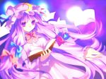  1girl blue_ribbon book buruumingubado capelet crescent dress energy_ball frilled_dress frills hair_ribbon hat hat_ribbon long_hair long_sleeves pajamas patchouli_knowledge purple_hair red_ribbon ribbon solo touhou violet_eyes 