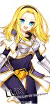  1girl 2014 armor artist_name blonde_hair blue_eyes character_name hairband league_of_legends looking_at_viewer luxanna_crownguard opalheart open_mouth pantyhose short_hair simple_background solo white_background 