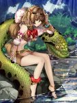  1girl anklet armlet bangle bare_legs barefoot barefoot_sandals bracelet bridal_gauntlets brown_hair feet_in_water giant_snake hair_ornament hairband highres jewelry leather long_hair original primcoco sitting snake soaking_feet solo tied_hair traditional_clothes tribal water 