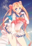  1girl 33_(mkiiiiii) bishoujo_senshi_sailor_moon blonde_hair blue_background blue_eyes bow brooch choker double_bun earrings elbow_gloves gloves hair_ornament hairpin highres jewelry long_hair magical_girl outstretched_hand pleated_skirt ribbon sailor_collar sailor_moon skirt smile solo super_sailor_moon tiara tsukino_usagi twintails white_gloves 
