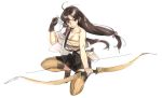  arrow bow_(weapon) brown_hair kantai_collection long_hair low-tied_long_hair nishieda off_shoulder shouhou_(kantai_collection) single_glove skirt solo squatting very_long_hair weapon 