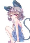  1girl alternate_costume animal_ears back candy dress grey_hair iris_anemone lollipop looking_at_viewer looking_back mouse_ears mouse_tail nazrin red_eyes short_hair simple_background sitting sleeveless solo tail touhou white_background 