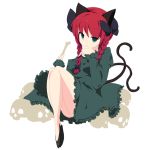  1girl :3 animal_ears bangs bare_legs black_bow bone bow braid breasts cat cat_ears cat_tail dress frilled_dress frills green_dress green_eyes hair_bow juliet_sleeves kaenbyou_rin long_hair long_sleeves looking_at_viewer multiple_tails puffy_long_sleeves puffy_sleeves redhead shoes simple_background sitting skull solo tail touhou twin_braids 