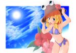  1girl adjusting_clothes adjusting_hat alternate_costume armpits bikini blonde_hair blue_eyes blue_sky blush clouds flower hair_ribbon hands_on_headwear hat hat_flower hibiscus leaf lens_flare looking_at_viewer moriya_suwako navel open_mouth payot ribbon semikichi short_hair side-tie_bikini sky small_breasts solo sparkle sun swimsuit touhou 
