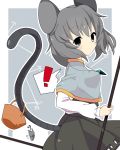  ! 1girl animal_ears basket capelet dowsing_rod grey_background grey_eyes grey_hair jewelry long_sleeves looking_at_viewer mouse mouse_ears mouse_tail nazrin pendant short_hair skirt skirt_set solo tail touhou 
