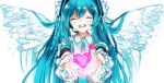 1girl aqua_hair closed_eyes hatsune_miku heart long_hair musical_note necktie open_mouth outstretched_arms solo sukopio twintails vocaloid white_background wings 