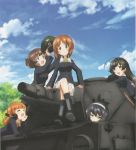  absurdres ahoge akiyama_yukari anglerfish black_hair black_legwear blush boots brown_eyes brown_hair closed_eyes clouds emblem girls_und_panzer hairband hat headphones headphones_around_neck highres isuzu_hana leaning_forward long_hair looking_at_viewer messy_hair military military_vehicle minskirt nishizumi_miho official_art open_mouth orange_eyes orange_hair outdoors panzerkampfwagen_iv peaked_cap pleated_skirt reizei_mako scan short_hair sitting skirt sky smile socks sugimoto_isao takebe_saori tank throat_microphone vehicle 