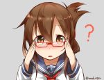  1girl ? anchor_symbol bespectacled brown_eyes brown_hair face folded_ponytail glasses hand_on_glasses inazuma_(kantai_collection) kantai_collection looking_at_viewer musk_tiger neckerchief red-framed_glasses sailor_collar school_uniform serafuku simple_background solo twitter_username 