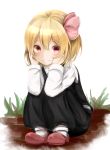  1girl blonde_hair blush chikuwa_savi hair_ribbon hands_on_own_face red_eyes ribbon rumia shirt short_hair skirt smile solo squatting touhou vest white_shirt 