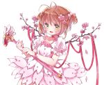  1girl :d ahoge brown_hair cardcaptor_sakura cherry_blossoms flower flower_on_head fuuin_no_tsue green_eyes holding kinomoto_sakura mielang open_mouth petals ribbon simple_background smile solo staff tree_branch twintails two_side_up white_background 
