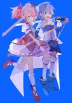  2girls armband arrow belt blue_background blue_hair bow bow_(weapon) cape dress flower frills gloves hair_bow kaname_madoka mahou_shoujo_madoka_magica miki_sayaka multiple_girls pararade pink_hair rose short_hair short_twintails smile sword thigh-highs twintails weapon zettai_ryouiki 