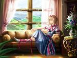  1girl alice_margatroid bird blonde_hair blue_dress blue_sky capelet closed_eyes clouds couch curtains dress flower forest hairband leg_ribbon nature path puffy_short_sleeves puffy_sleeves road saber_01 sash shirt short_sleeves sitting sky solo table touhou vase window 