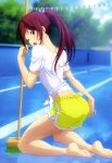  1girl absurdres broom feet free! highres kneeling legs matsuoka_gou nyantype official_art one_eye_closed open_mouth ponytail pool redhead solo 