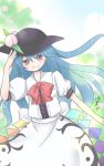 1girl blue_hair bow gradient gradient_background hand_on_headwear hat highres hinanawi_tenshi light_particles long_hair looking_at_viewer red_eyes signature sketch solo touhou yuzuna99 
