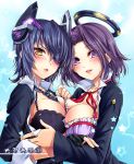  2girls black_hair blush breast_press breasts cleavage eyepatch headgear kantai_collection kingchenxi looking_at_viewer mechanical_halo multiple_girls parted_lips purple_hair short_hair smile tagme tatsuta_(kantai_collection) tenryuu_(kantai_collection) underwear undressing violet_eyes yellow_eyes 