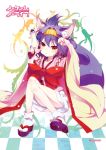  1girl animal_ears artist_name bow checkered checkered_floor copyright_name fox_ears fox_tail hairband hatsuse_izuna japanese_clothes kimono looking_at_viewer no_game_no_life playback purple_hair short_hair sitting slit_pupils solo tail wide_sleeves yellow_eyes 