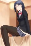  1girl bed black_eyes black_hair bonnie_(rsg) glasses haikyuu!! looking_at_viewer mole school_uniform shimizu_kiyoko short_hair sitting solo 