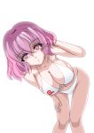  1girl alternate_costume bikini breasts hair_tussle hand_on_knee highres large_breasts leaning_forward looking_at_viewer midriff pink_eyes pink_hair saigyouji_yuyuko short_hair solo swimsuit touhou white_bikini white_swimsuit 