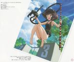  1girl absurdres black_swimsuit brown_eyes brown_hair casual_one-piece_swimsuit clouds girls_und_panzer goggles highres holding jumping measuring_stick messy_hair nishizumi_miho official_art one-piece_swimsuit open_mouth outdoors pool scan sky smile snorkel solo sugimoto_isao swimsuit tree 