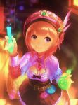  1girl atelier_(series) atelier_rorona belt bow breasts brown_hair capelet cleavage collarbone funuyu glowing hat holding long_sleeves rororina_fryxell round-bottom_flask shadow shirt skirt smile solo test_tube violet_eyes wooden_floor 